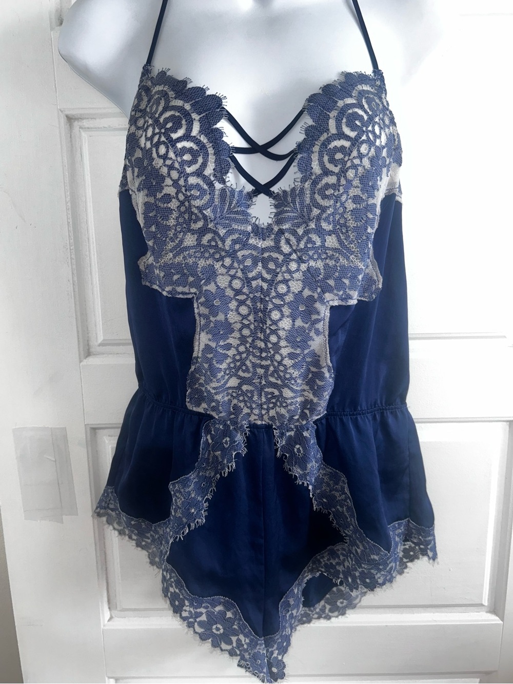 Victoria’s Secret Navy Blue Lace Strappy Romper Teddy Size S